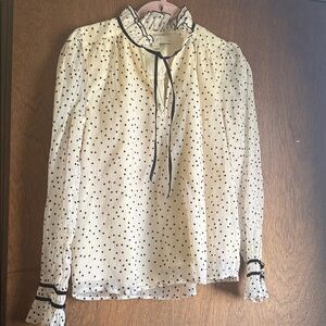LOFT Cream Blouse with Black Polka Dots and Tie Neck